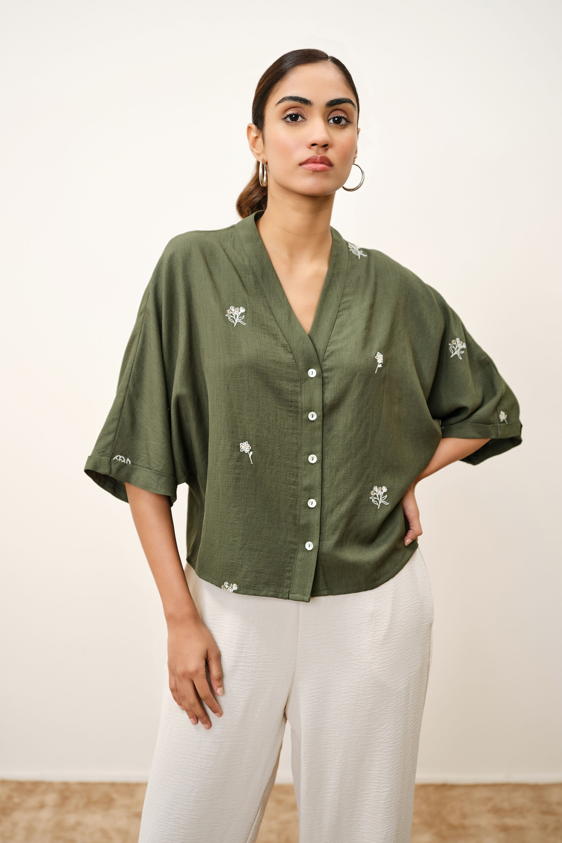 Olivae Embroidered Shirt, Olive, image 1